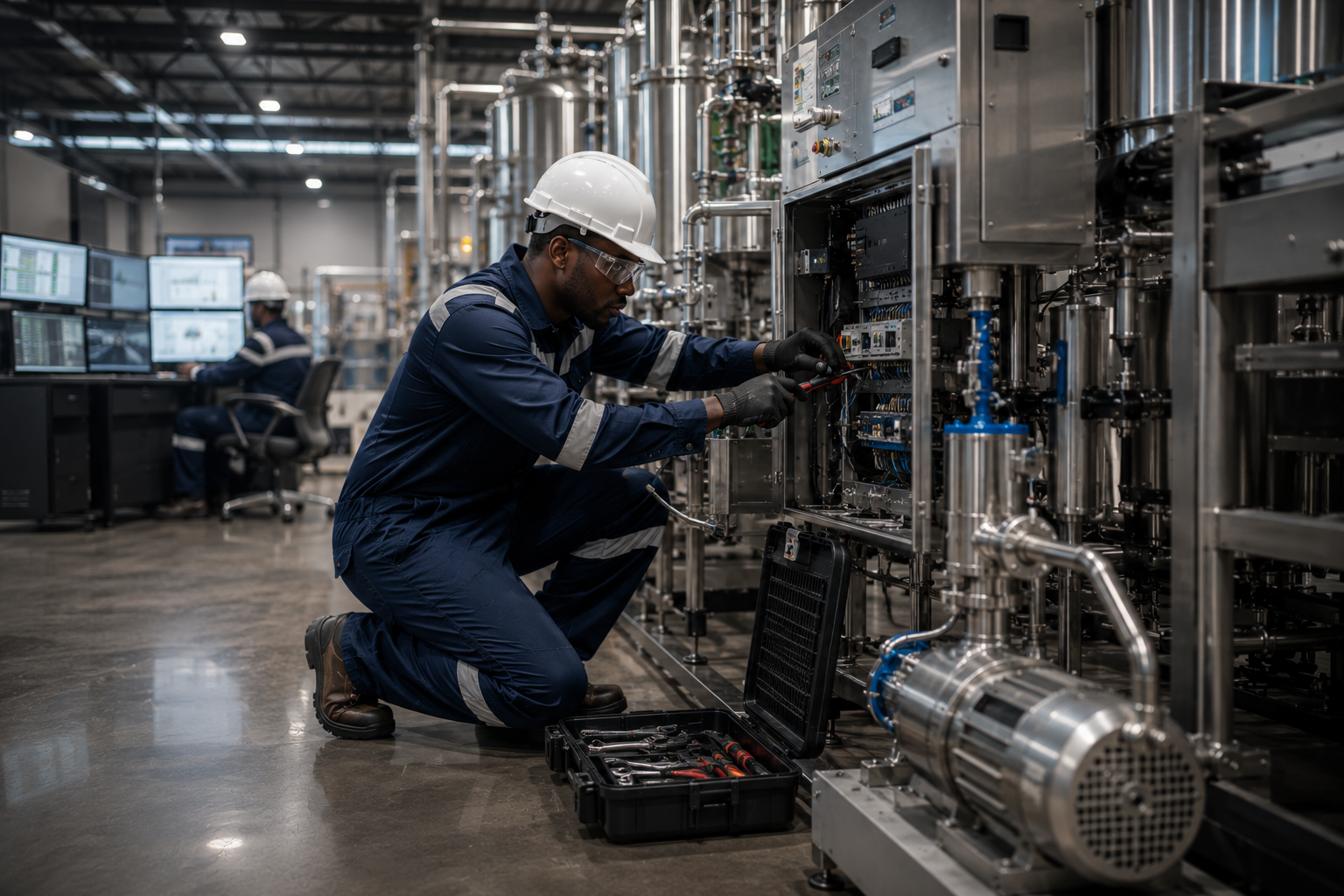 Engineer diagnosing equipment fault